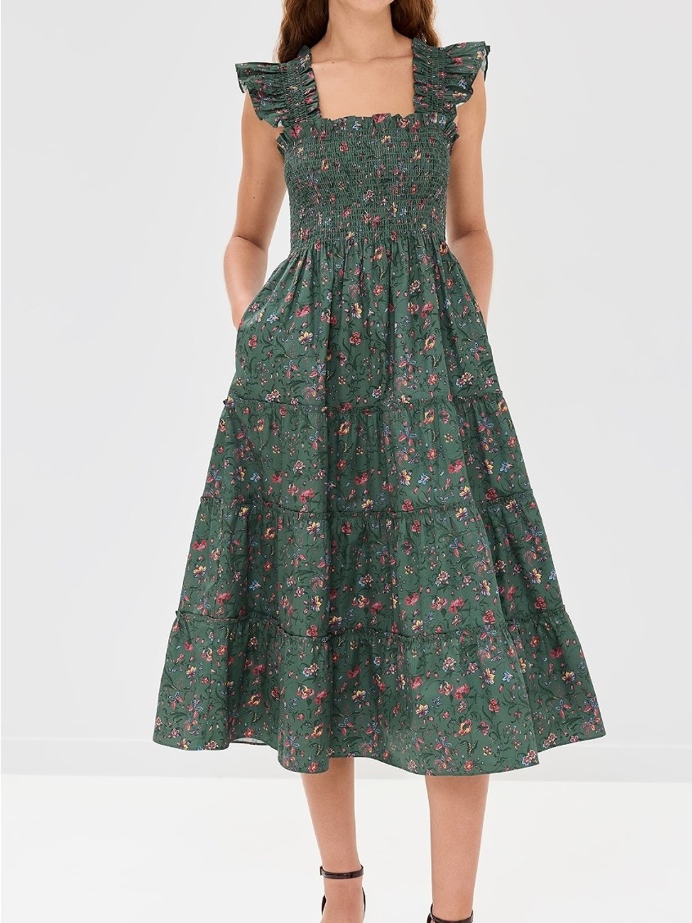 Hill House Green Floral Smocked Midi Dress